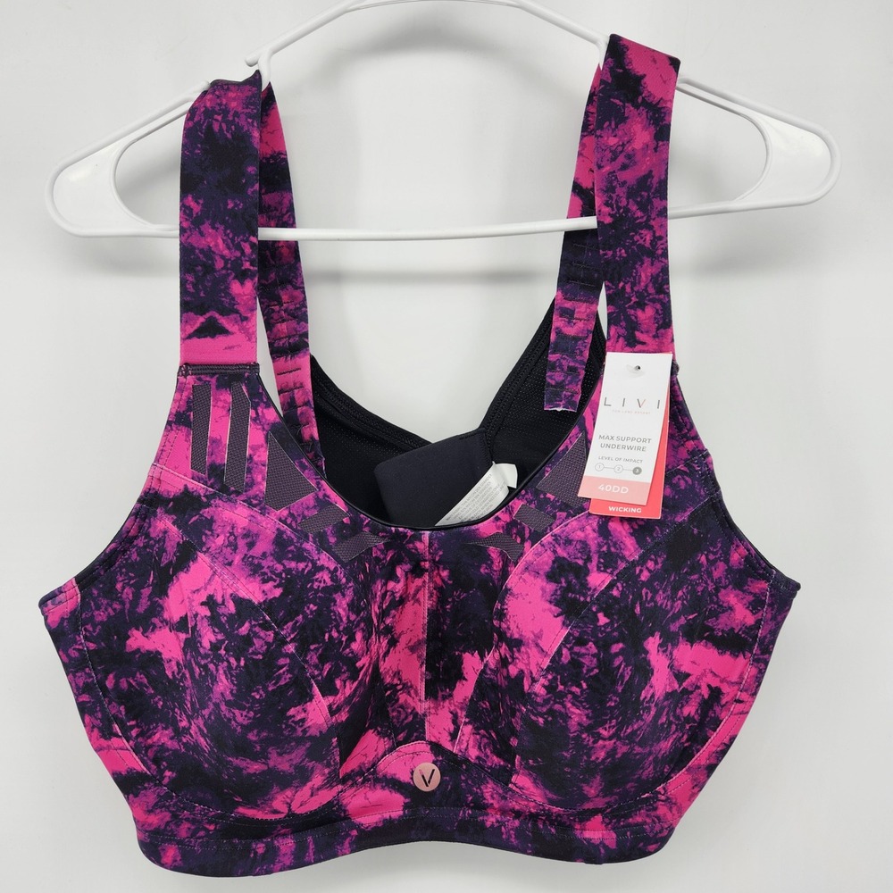 Livi Lane Bryant Max Support Underwire Sports Bra 40DD Pink Black Tie Dye Wick